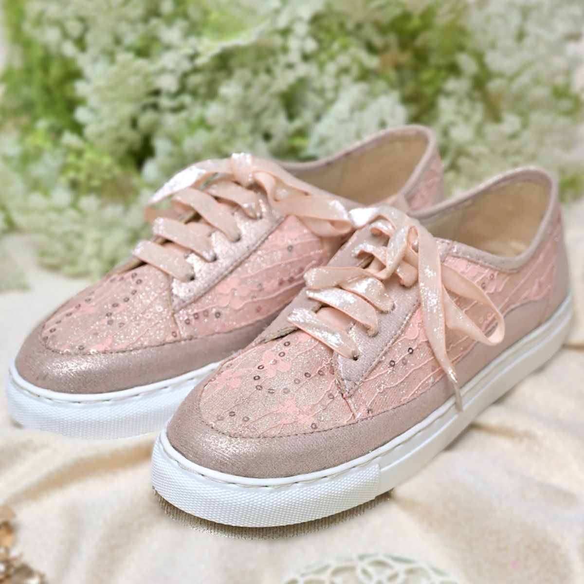 Coral Haze Peach Lace Sneakers With Peach Shimmer Laces And Rose Gold  Detailing (Euro 36)
