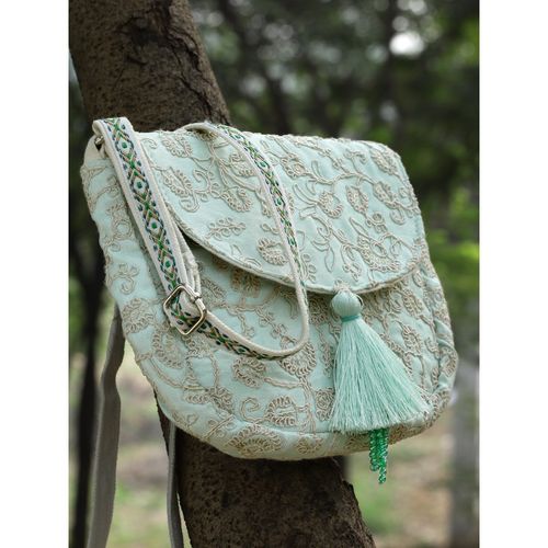 Anekaant Lush Mint Green Floral Embroidered Faux Silk Sling Bag