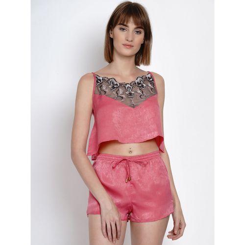 Buy Erotissch Women Rose Solid Satin with Lace Detail Night suit