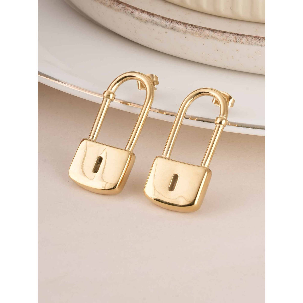Palmonas Gold Modern Lock Drop Earrings