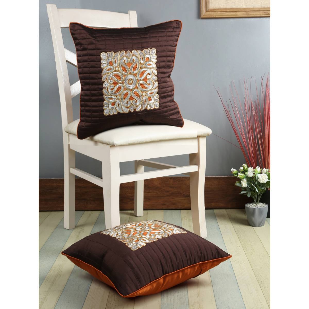 eyda Embellished Choco Brown Color Cushion Cover Set Of 2-16X16 Inch