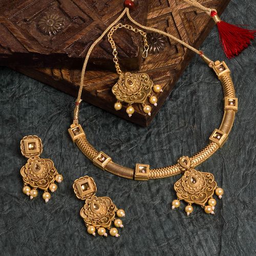 Buy Peora Antique Gold Handcrafted Polki Traditional Necklace Set