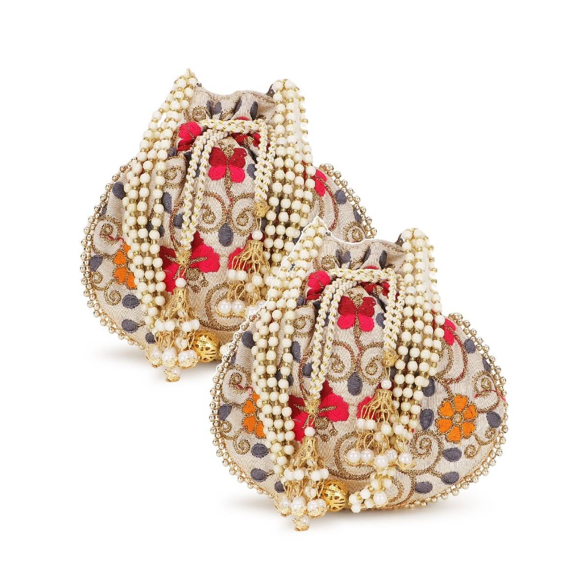 Anekaant Dangle Cream & Multi-Color Floral Embroidered Faux Silk Potlis Combo (Pack Of 2)