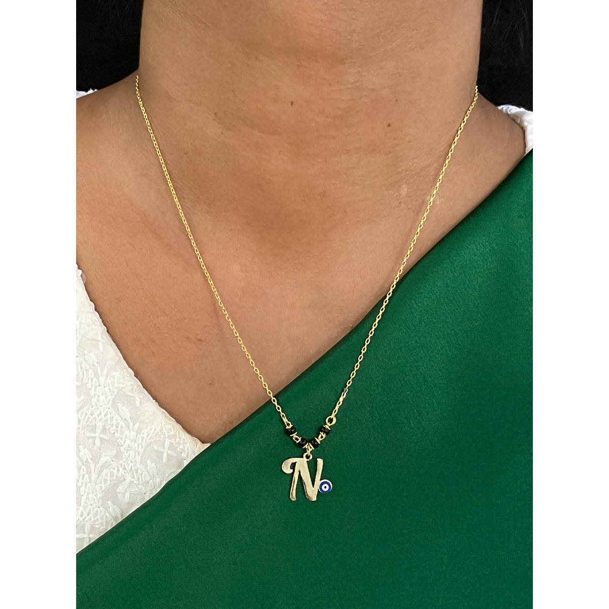 Digital Dress Room N Letter with Evil Eye Gold Short Mangalsutra