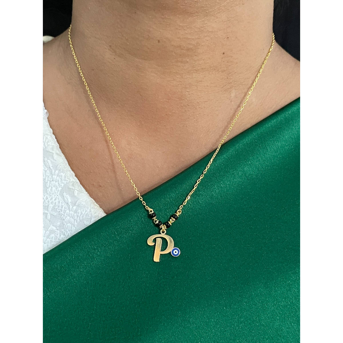 Digital Dress Room P Letter with Evil Eye Gold Short Mangalsutra