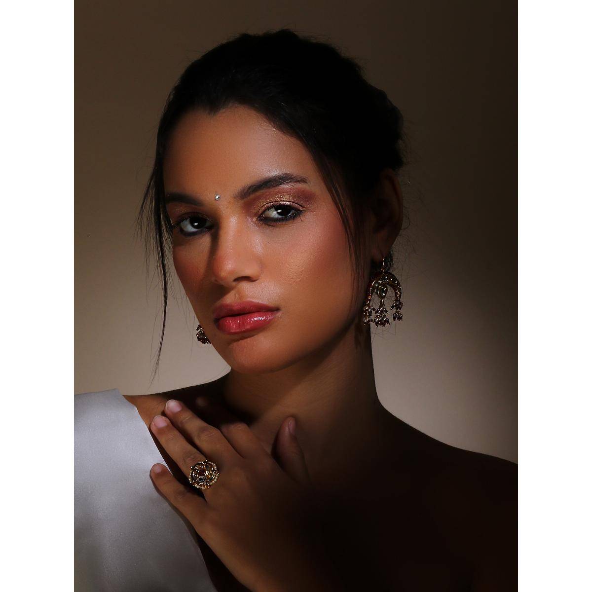 Dugran By Dugristyle Kundan and Pearls Red and Cream Adjustable Ring