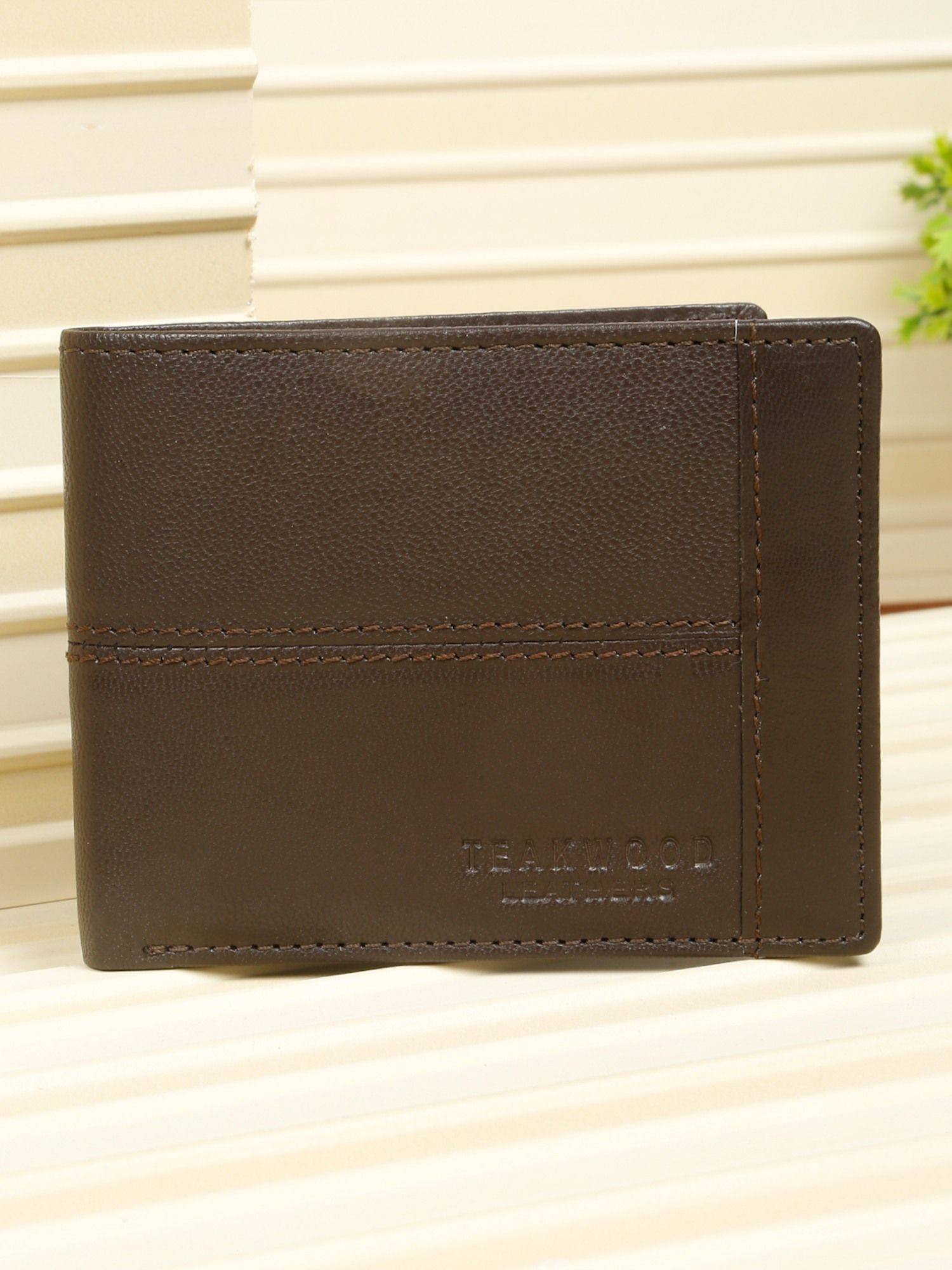 Teakwood Men’S Dual-Texture Paneling Bifold Dark Brown Leather Wallet
