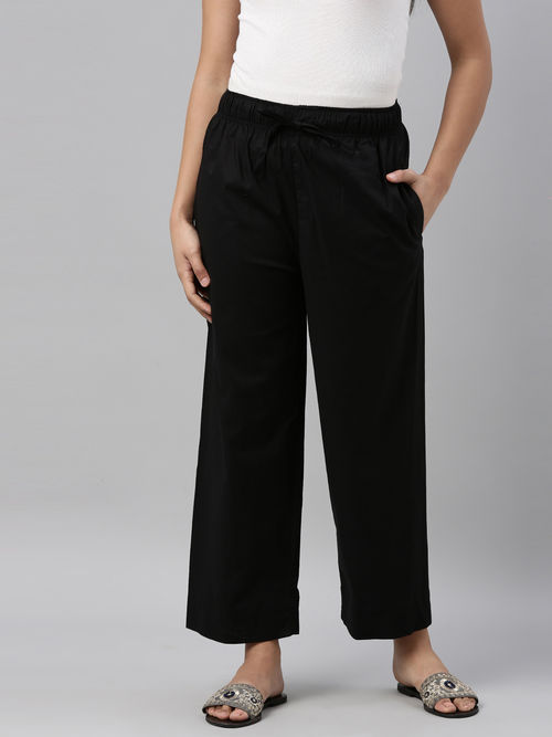 Buy Go Colors Women Solid Cotton Wide Leg Pants - Black Online