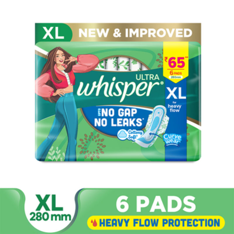 Whisper Ultra Upto No Gap No Leaks Sanitary Pads, 6 XL Pads, For Heavy Flow Protection