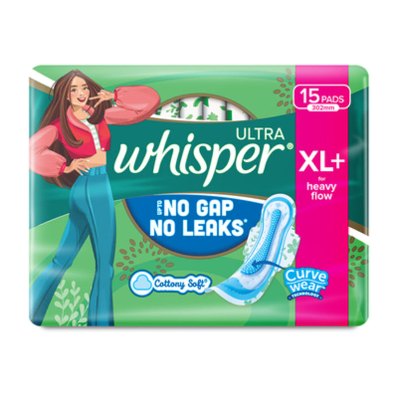 Whisper Ultra Upto No Gap No Leaks Sanitary Pads, 15 XL+ Pads, For Heavy Flow Protection