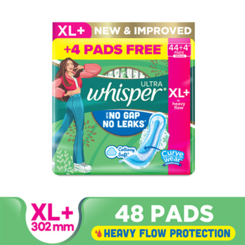 Whisper Ultra Upto No Gap No Leaks Sanitary Pads, 48 XL+ Pads, For Heavy Flow Protection