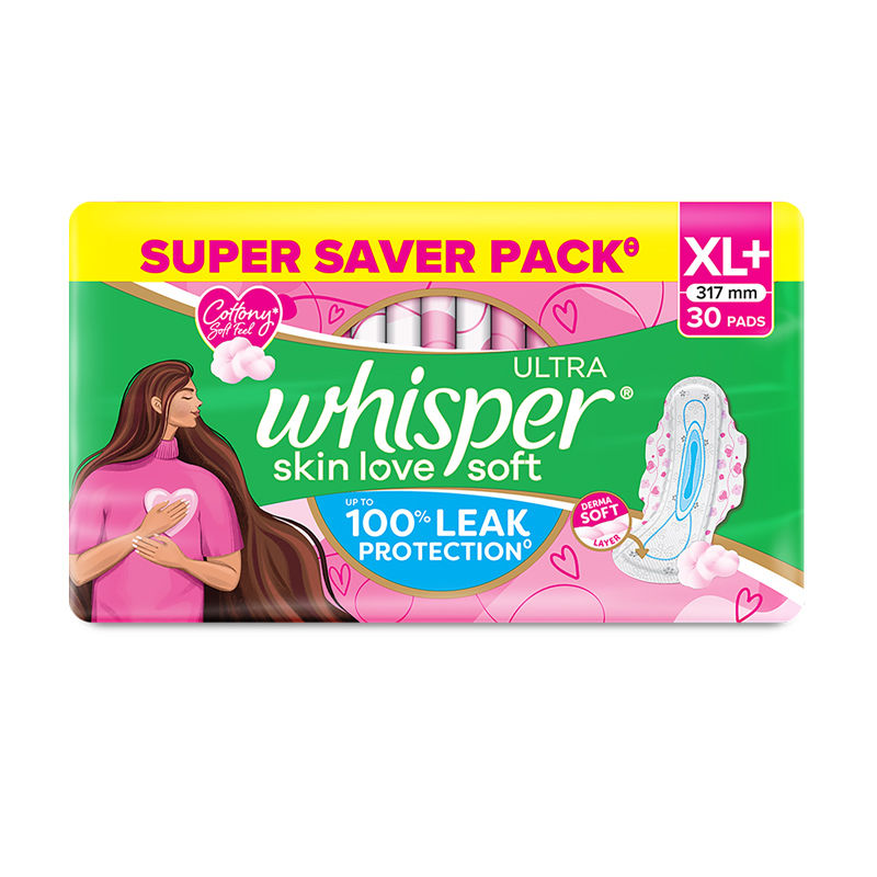 Whisper Ultra Skinlove Soft Sanitary Pads For Women,30 Thin Pads-Xl+,Our #1 Softness,Irritation Free
