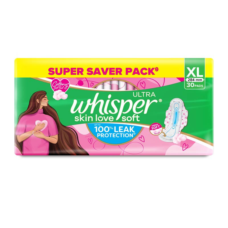 Whisper Ultra Skinlove Soft Sanitary Pads For Women,30 Thin Pads-Xl,Our #1 Softness,Irritation Free