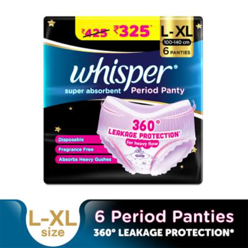 Whisper Super Absorbent Period Panty, 6 L-XL Pants, 360 Degree Leakage Protection for Heavy Flow
