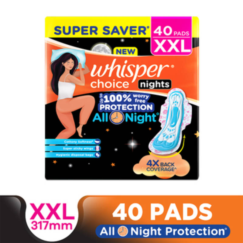 Whisper Choice Nights, 40 XXL Pads, Gives Up to 100% worry-free protection all night
