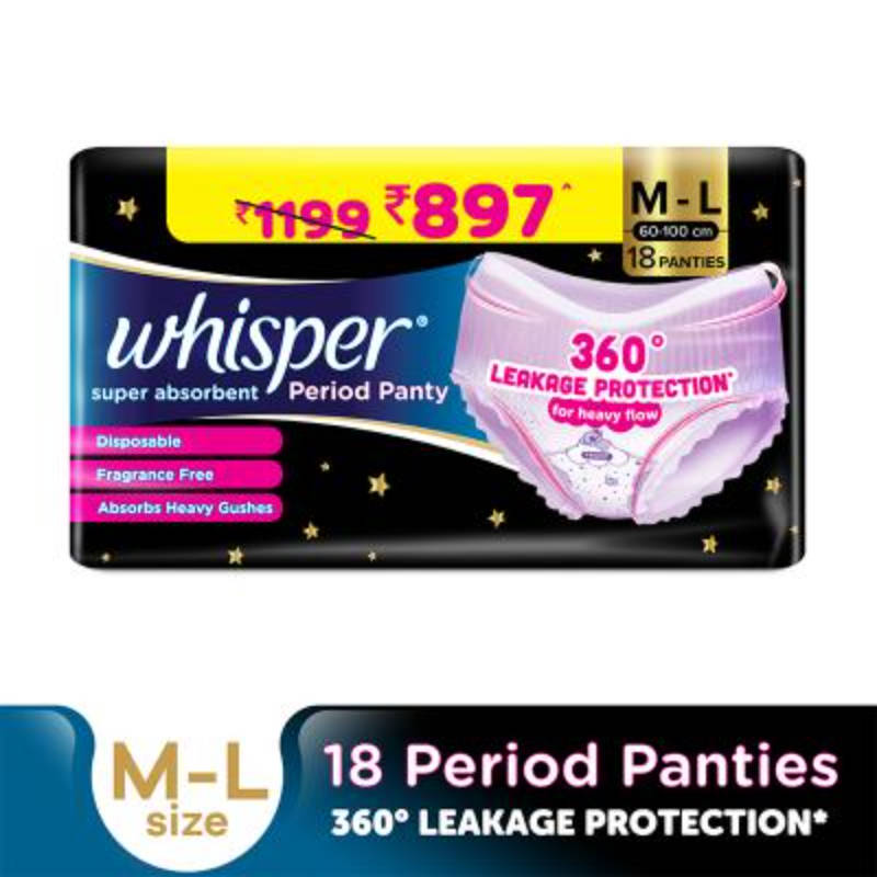 Whisper Super Absorbent Period Panty, 18 M-L Pants, 360 Degree Leakage Protection for Heavy Flow