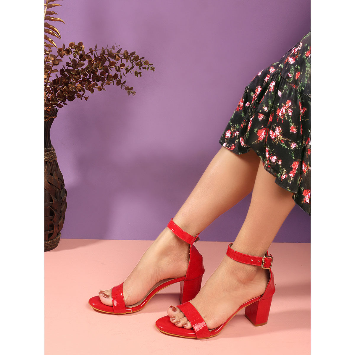 Buy Carlton London Red Round Toe Block Heel Sandals for Women Online