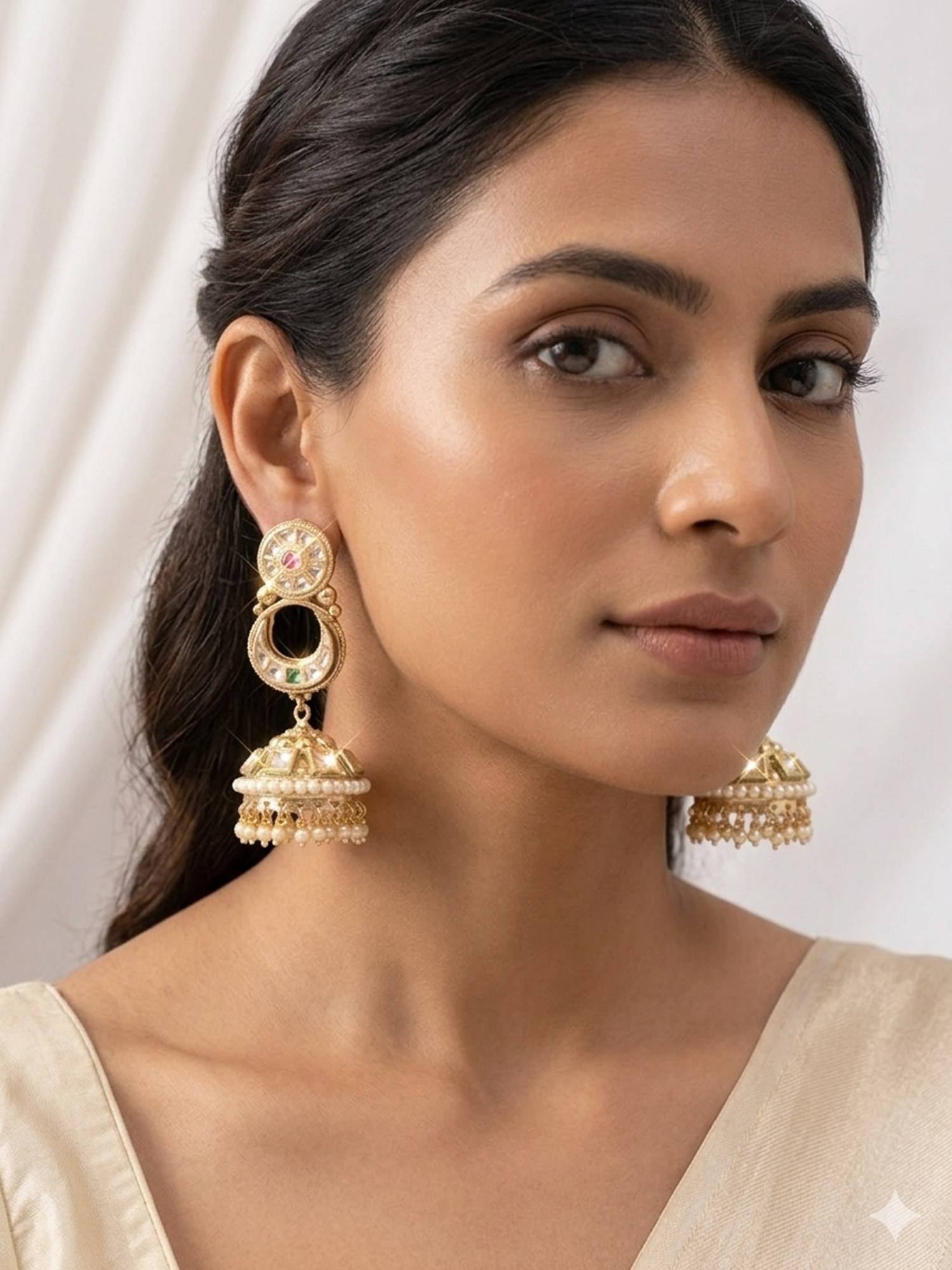 Peach Tassels Multi-Color Ornate Stones Golden Jhumka Earrings