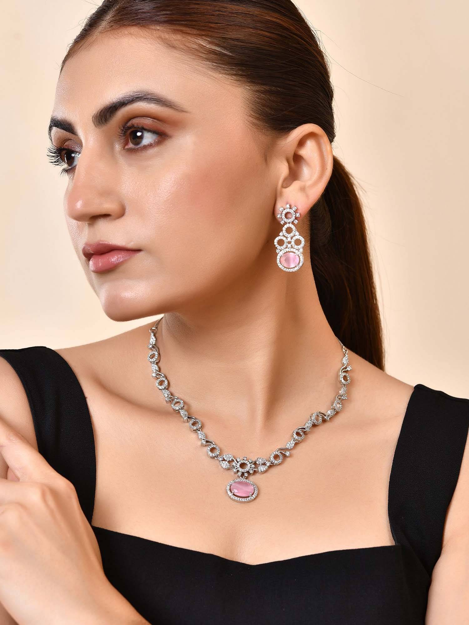 VOJ Pink Silver Plated Designer Oval Stone Ad Necklace Set