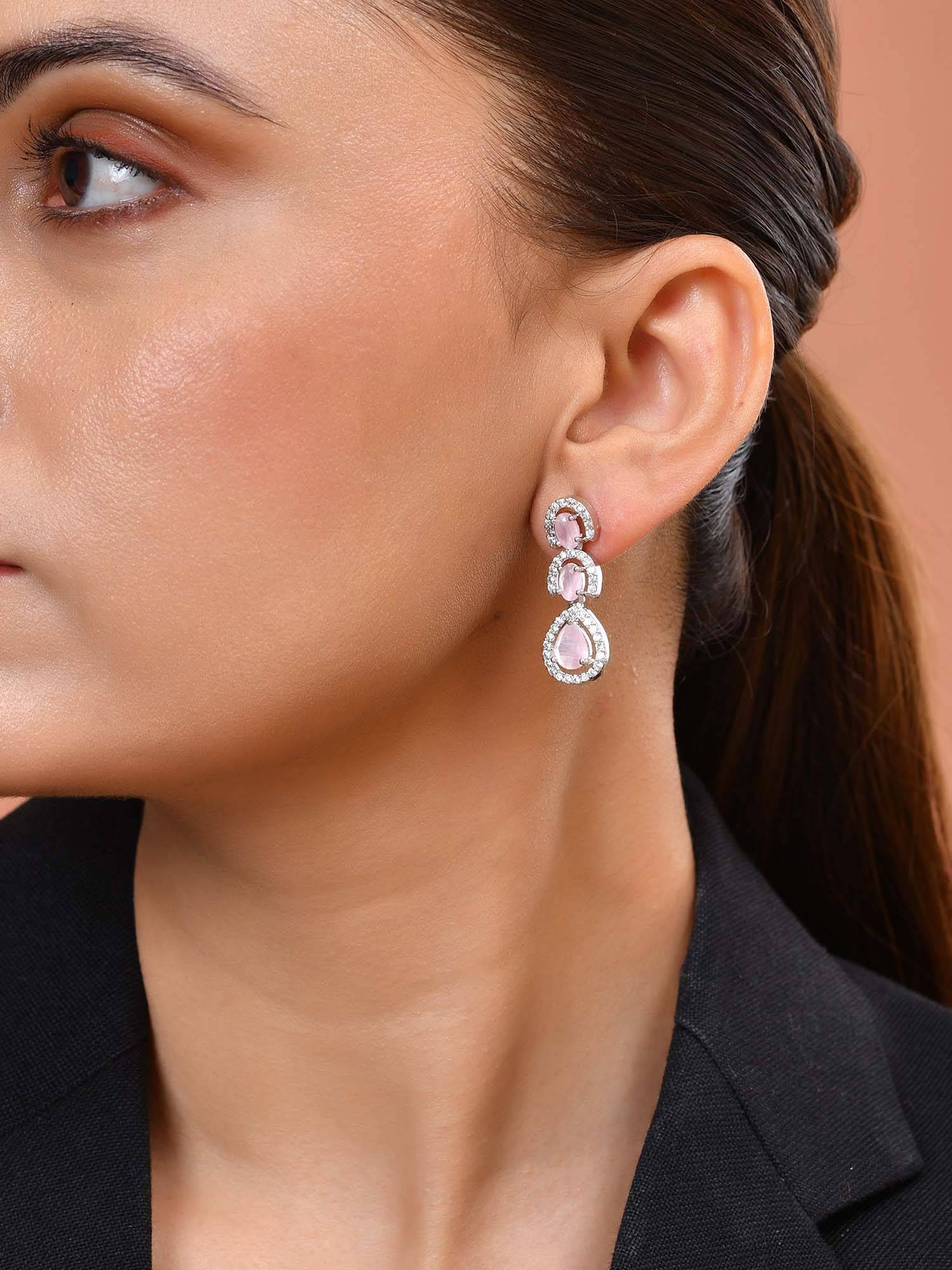VOJ Silver Toned Baby Pink Ad Drop Earrings