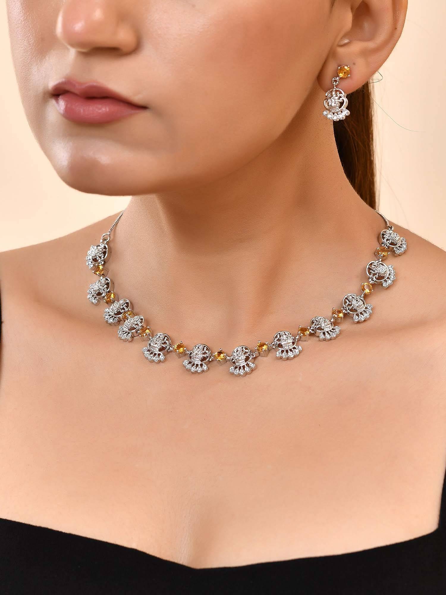 VOJ Silver Plated Ad Yellow Stone Temple Necklace Set