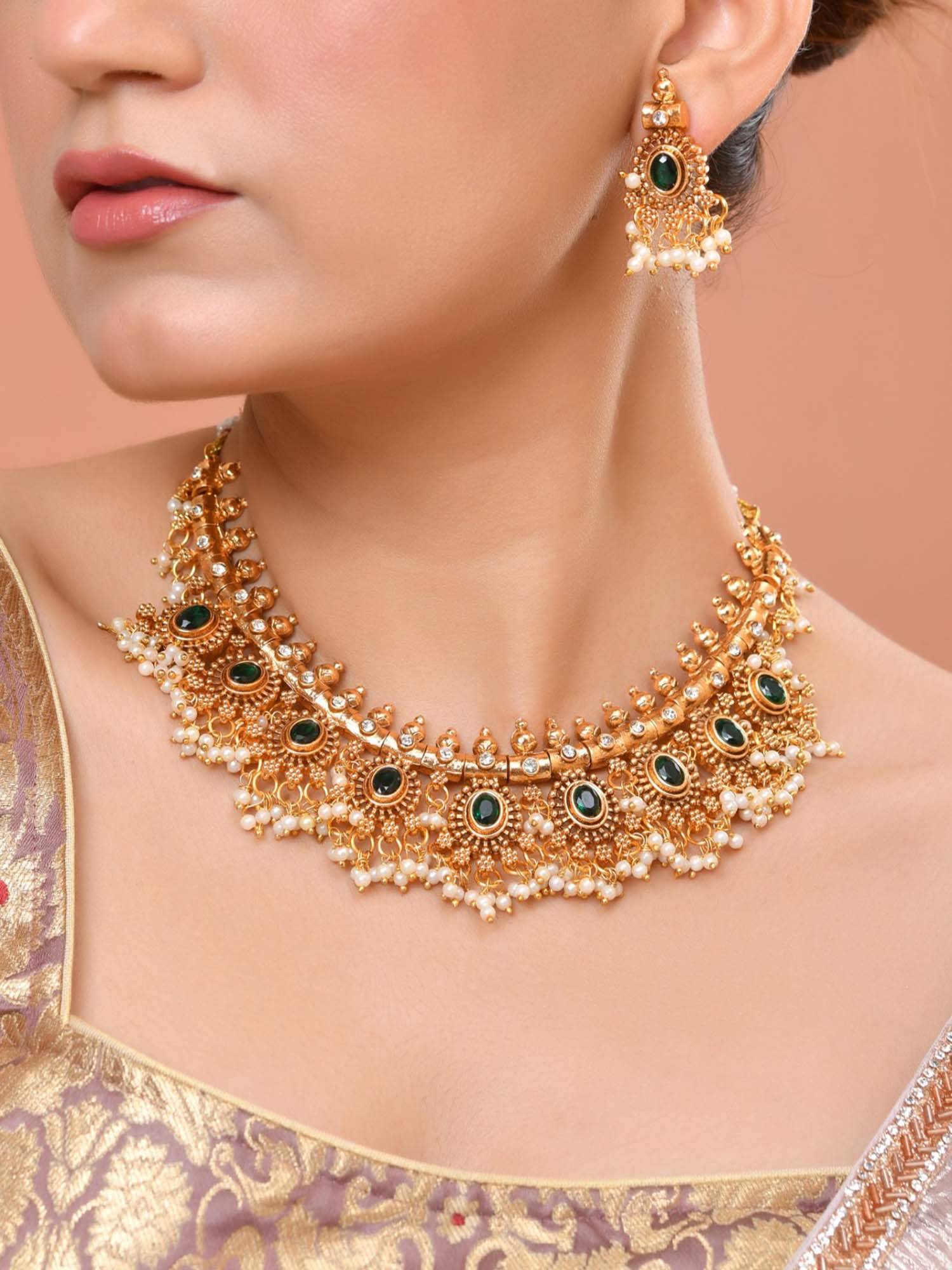 VOJ Gold Plated Green Stone Oval Necklace Set