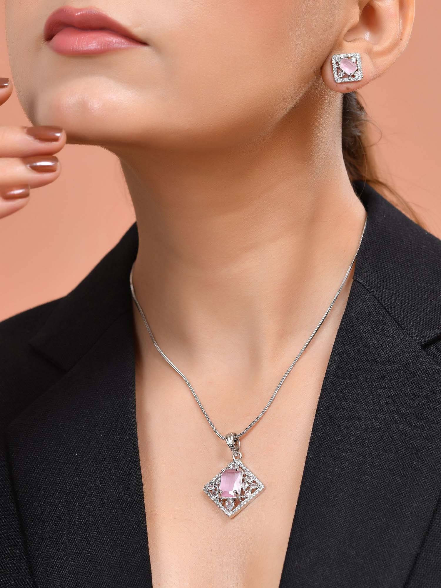 VOJ Silver Plated Baby Pink Rectangular Stone Square Necklace Set