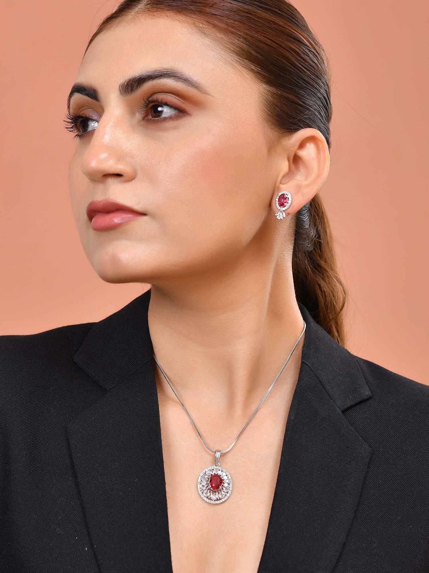 VOJ Silver Plated Ruby Red Circular Stone Studded Floral Necklace Set