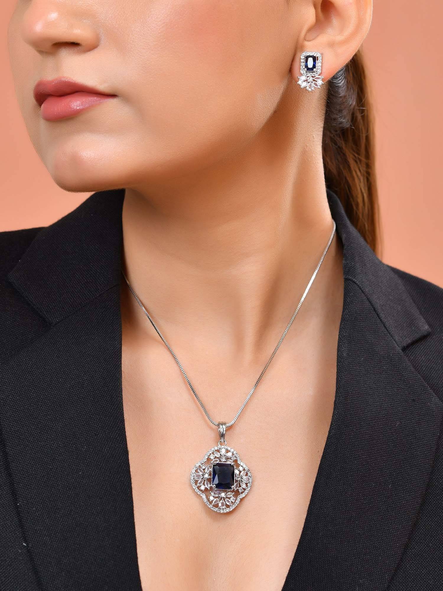 VOJ Silver Plated Blue Rectangular Stone Studded Necklace Set