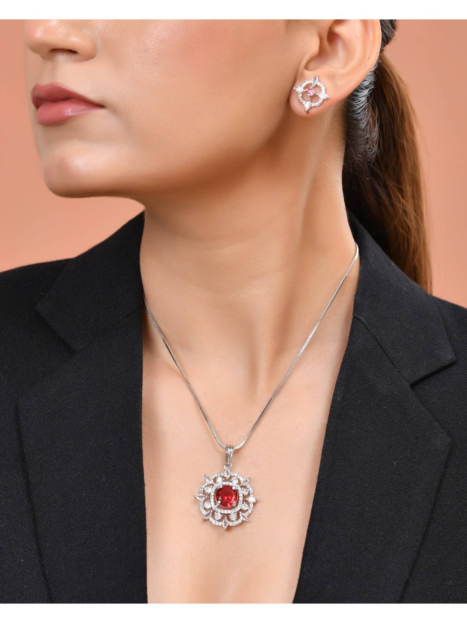 VOJ Silver Plated Ruby Red Circular Stone Studded Necklace Set