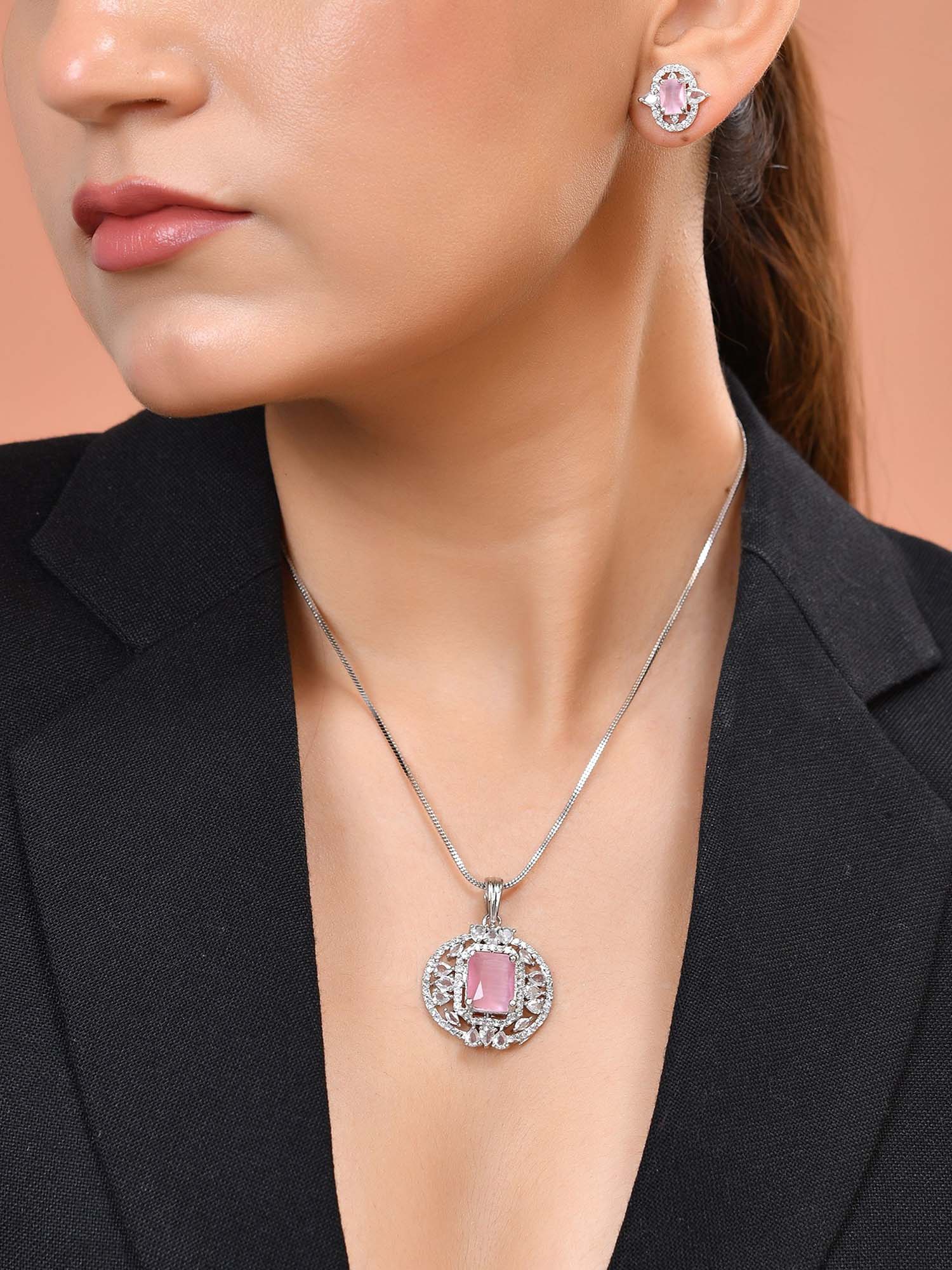 VOJ Silver Plated Baby Pink Rectangular Shaped Necklace Set
