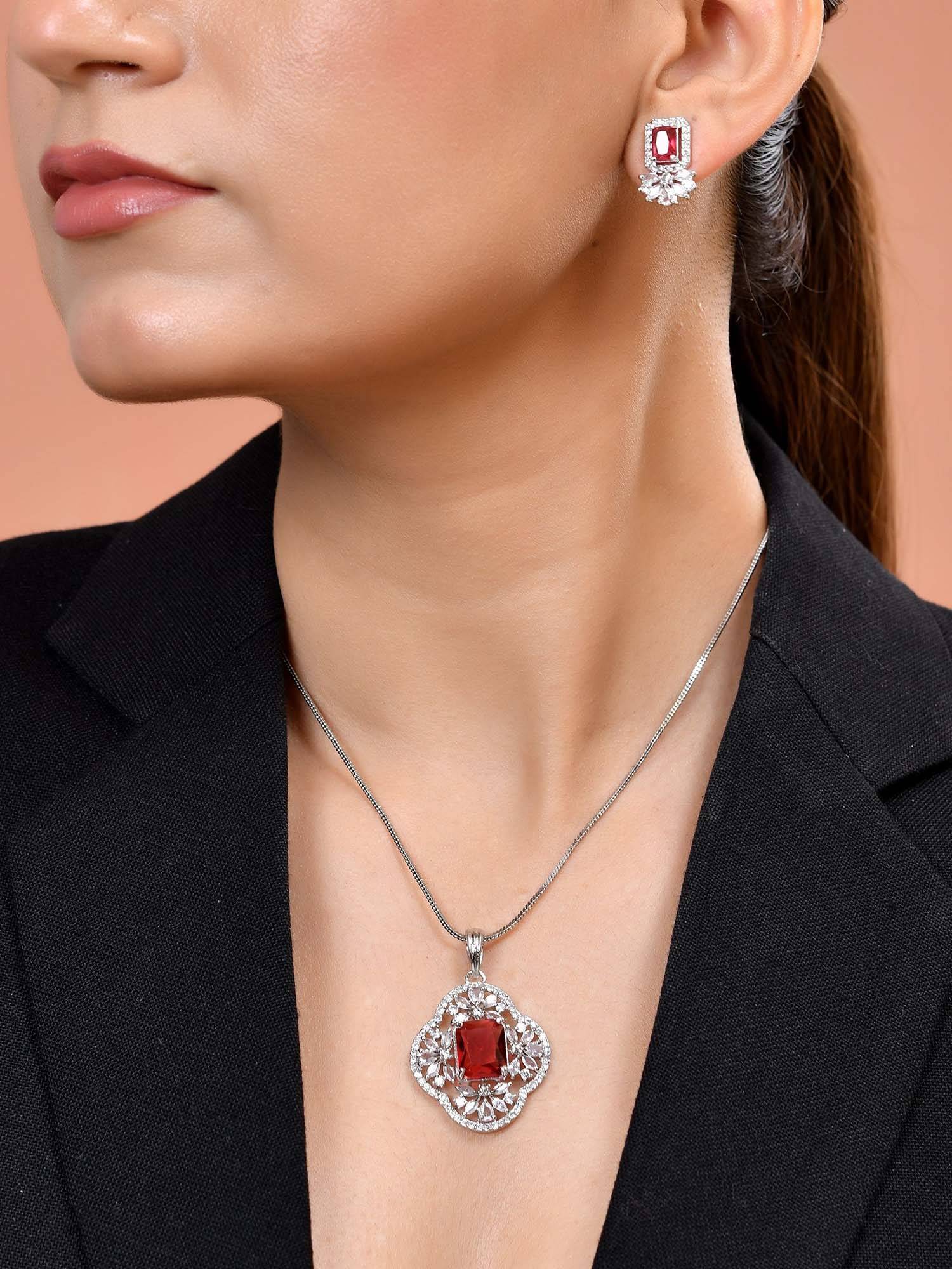 VOJ Silver Plated Ruby Red Rectangular Stone Studded Necklace Set