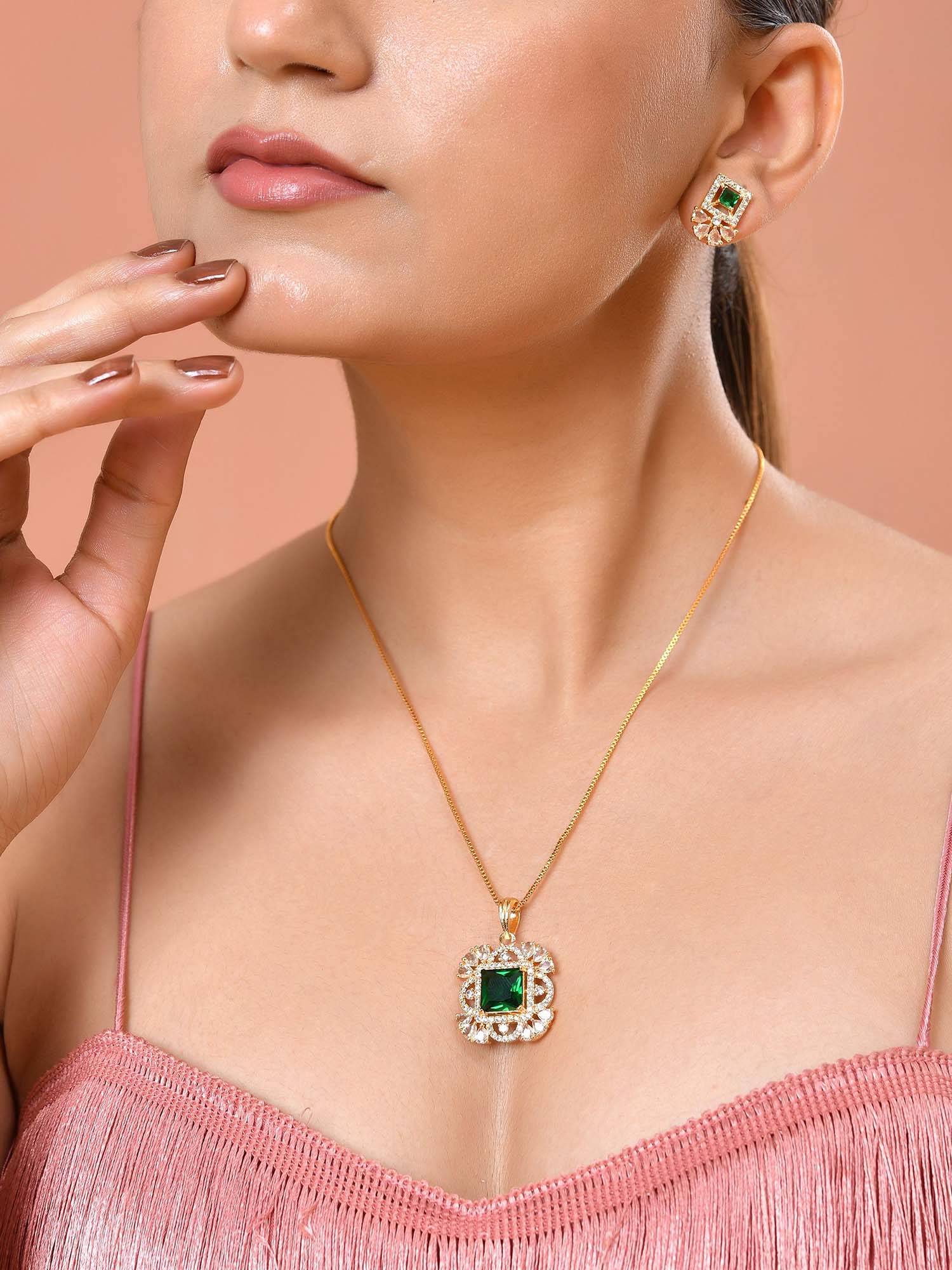 VOJ Gold Plated Green Square Shaped Stone Studded Necklace Set