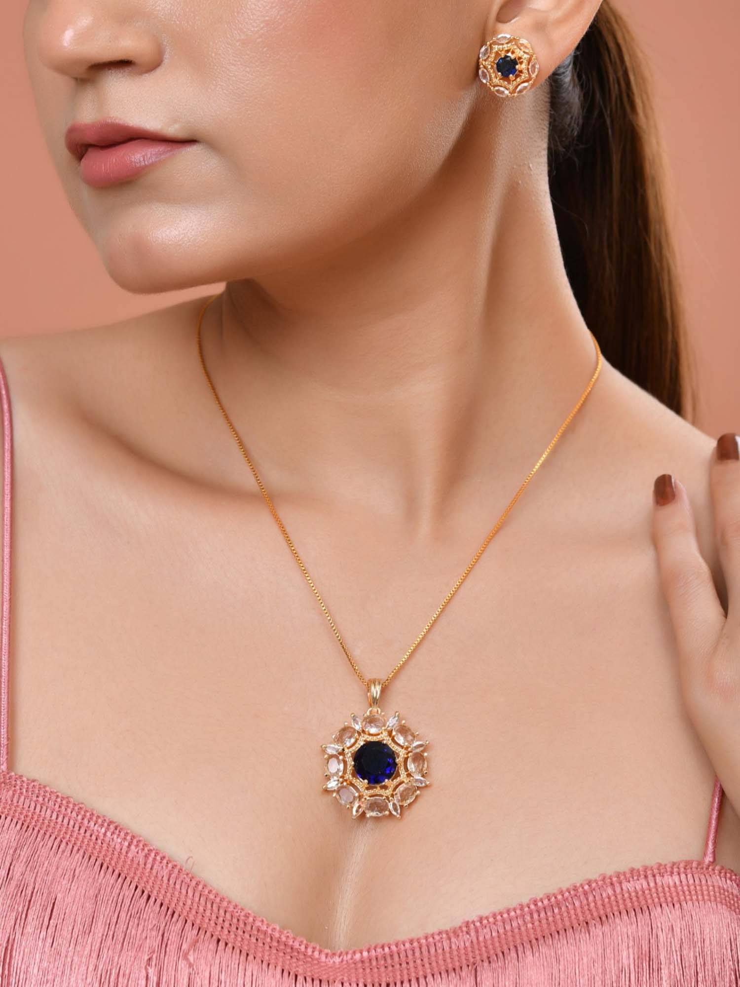 VOJ Gold Plated Blue Circular Stone Studded Floral Ad Necklace Set