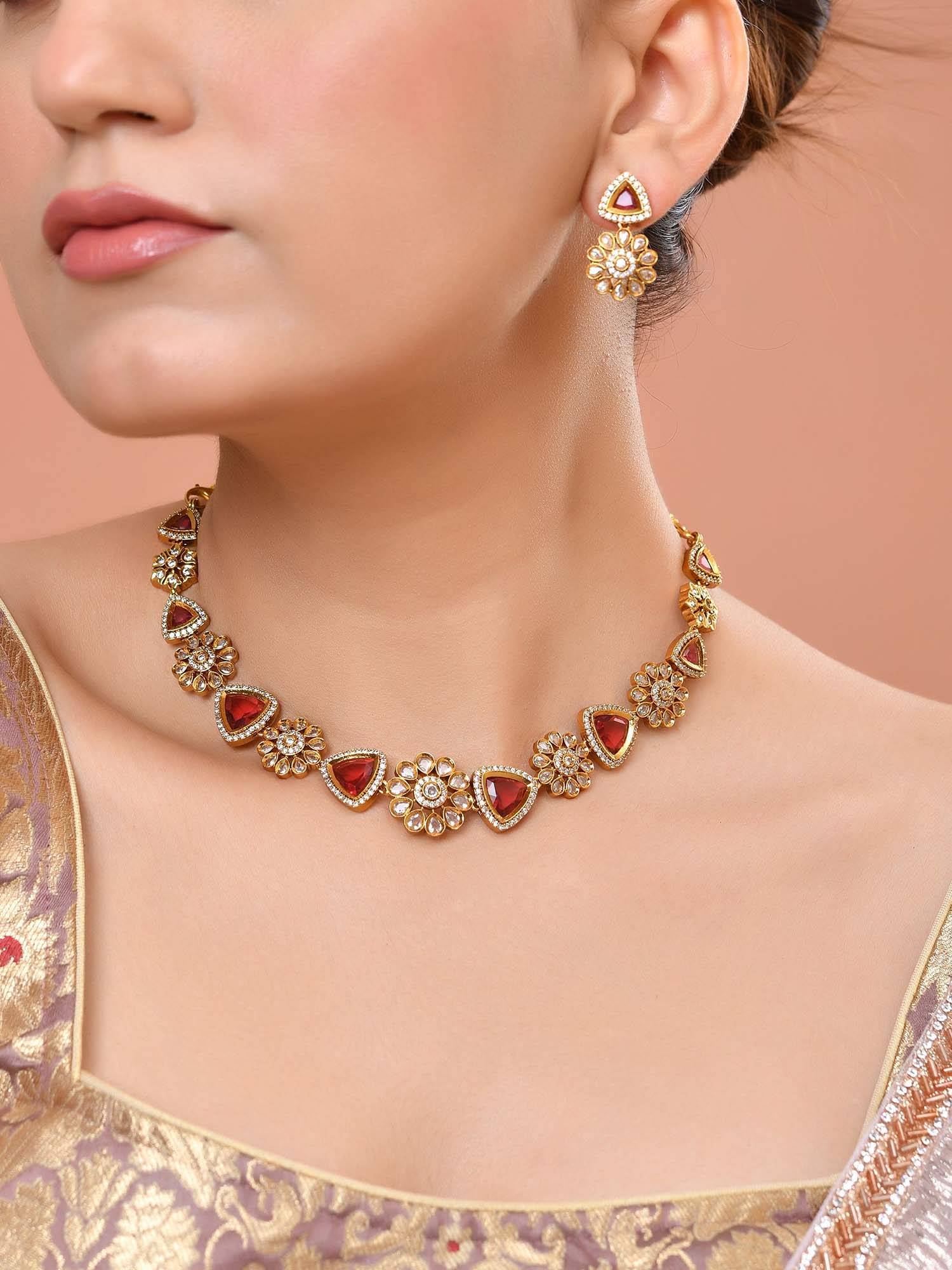 VOJ Gold Tone Floral With Ruby Red Stone Ad Necklace Set