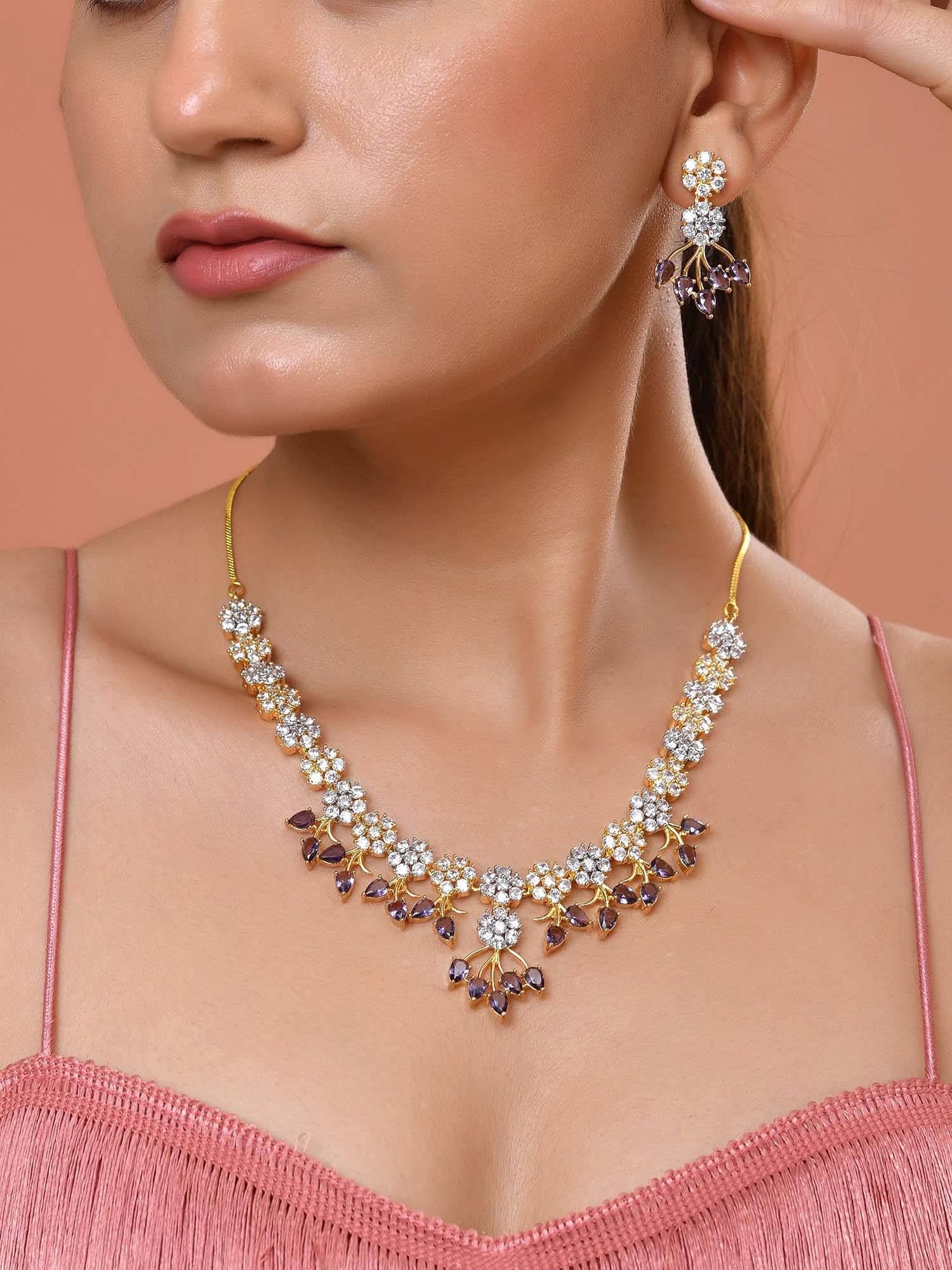 VOJ Purple Gold-Toned Ad Stone Studded Floral Necklace Set
