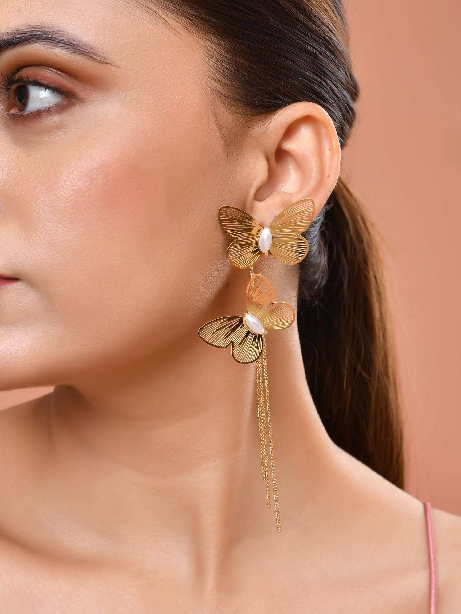 VOJ White Gold Toned Butterfly Designed Drop Earrings