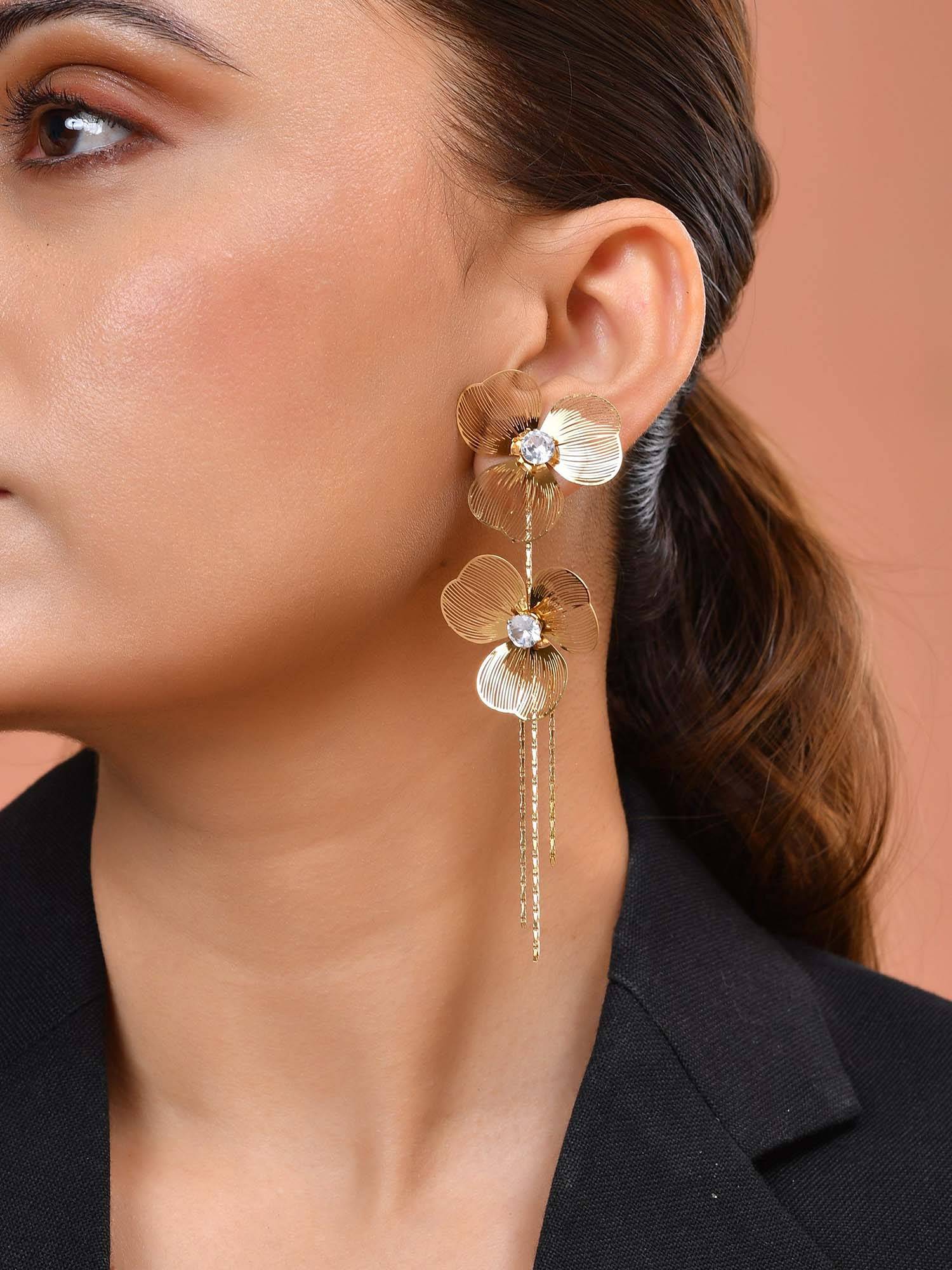 VOJ White Gold Toned Floral Design with Tassel Earrings