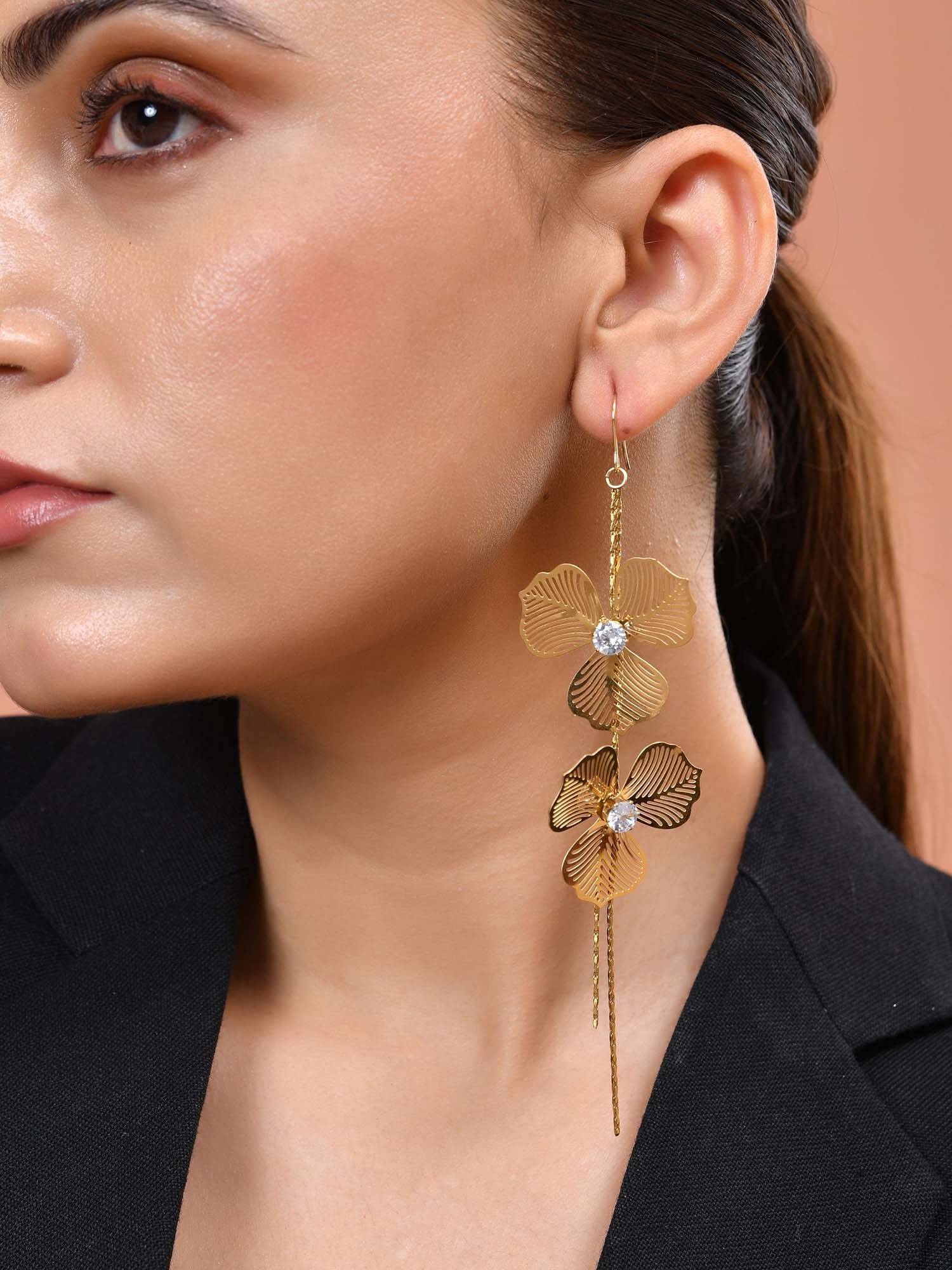 VOJ White Gold Toned Floral Design with Tassel Drop Earrings