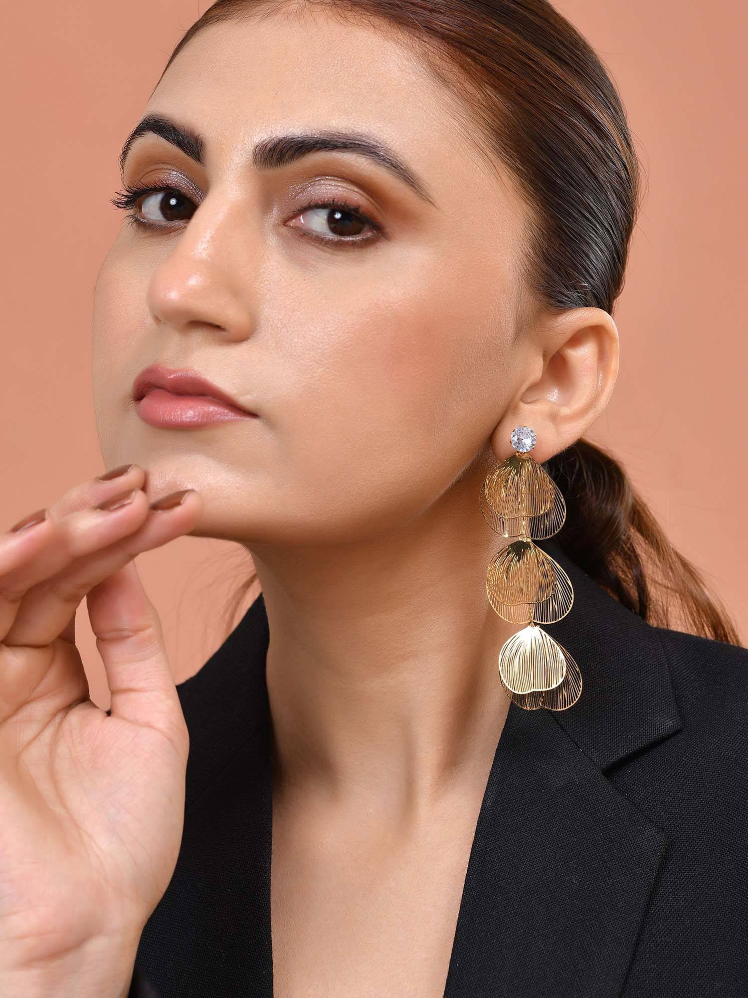 VOJ White Gold Toned Leaf Designed Drop Earrings