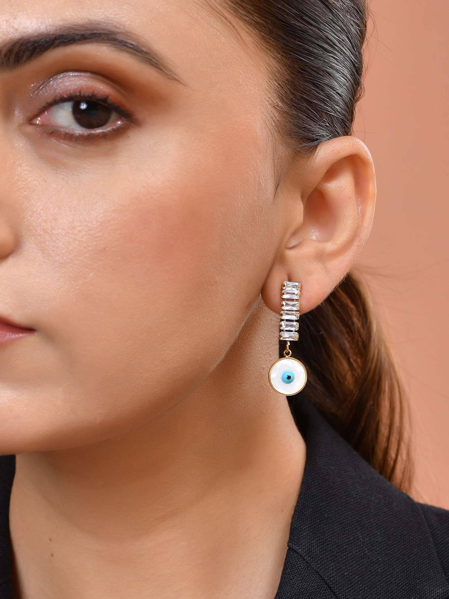 VOJ White Gold Plated Stone Studded Evil Eye Drop Earrings