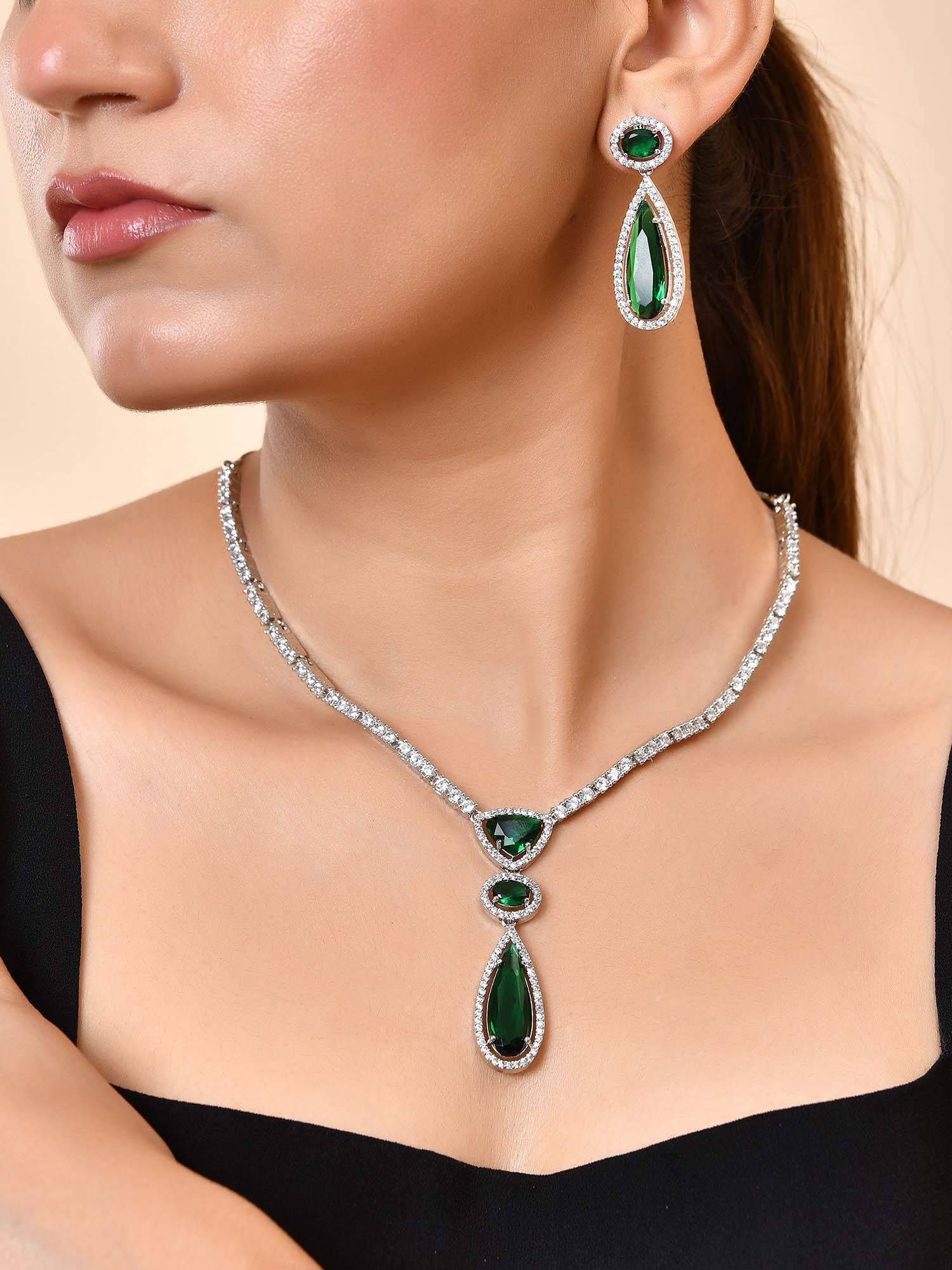 VOJ Silver-Plated Ad & Green Cubic Zirconia Studded Necklace Set