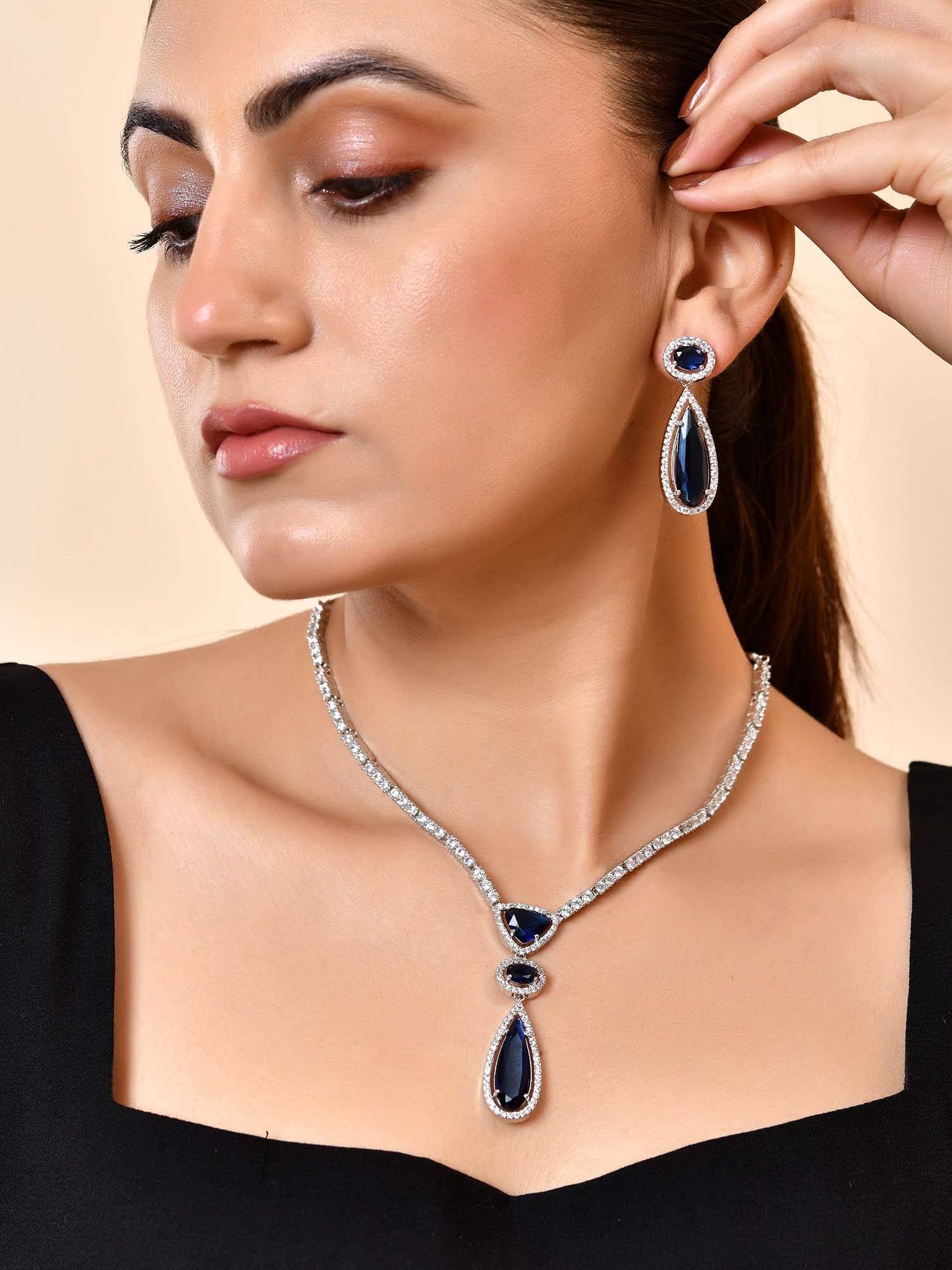 VOJ Silver-Plated Ad & Blue Cubic Zirconia Studded Necklace Set