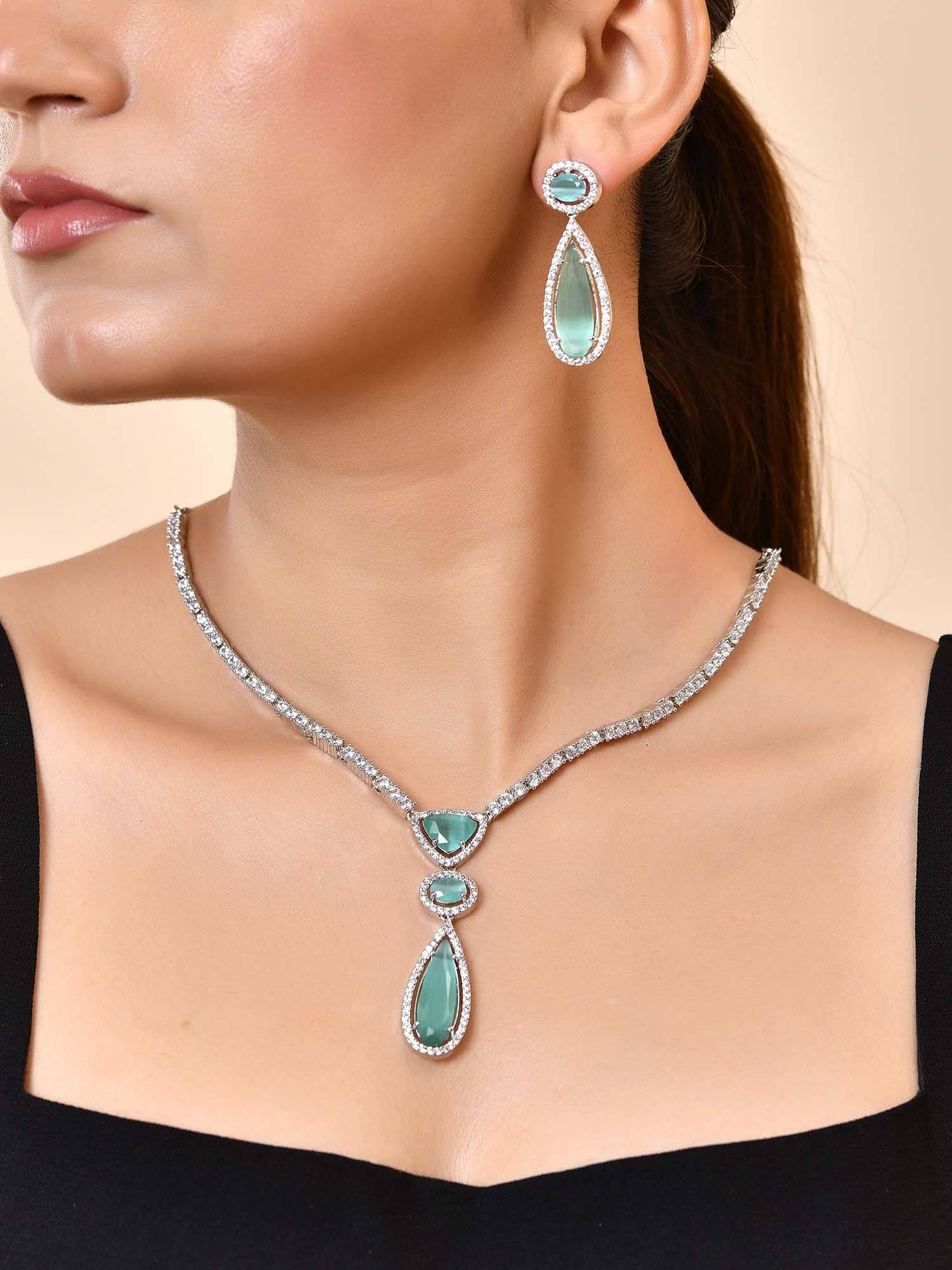 VOJ Silver-Plated Ad & Green Cubic Zirconia Studded Necklace Set