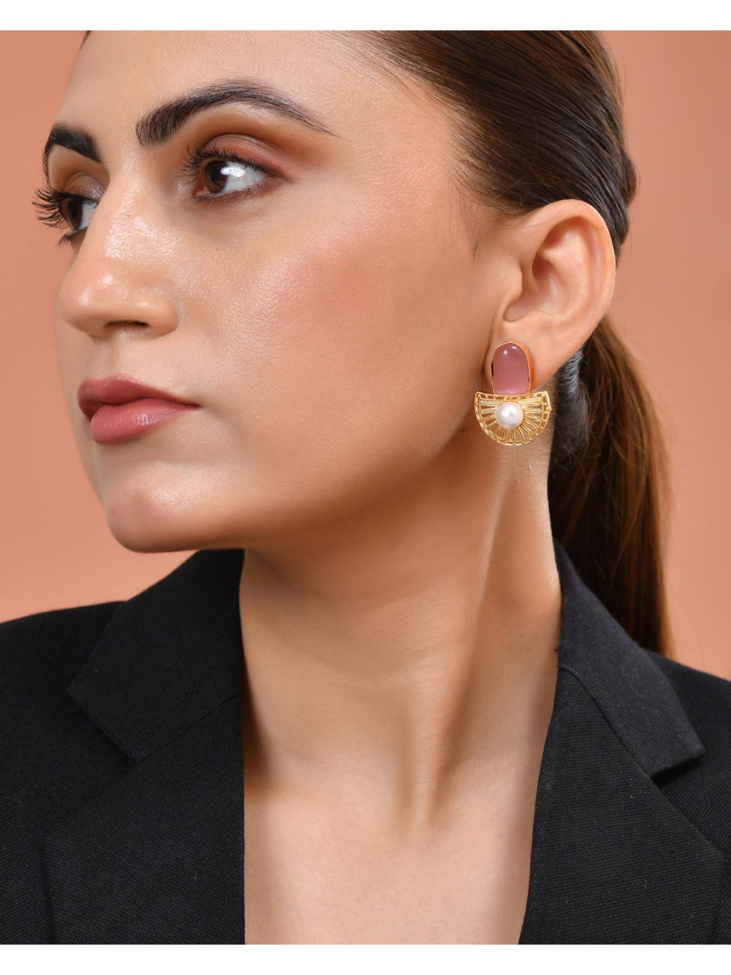 VOJ Gold Plated Pink Stone & Pearl Dome Shaped Drop Earrings