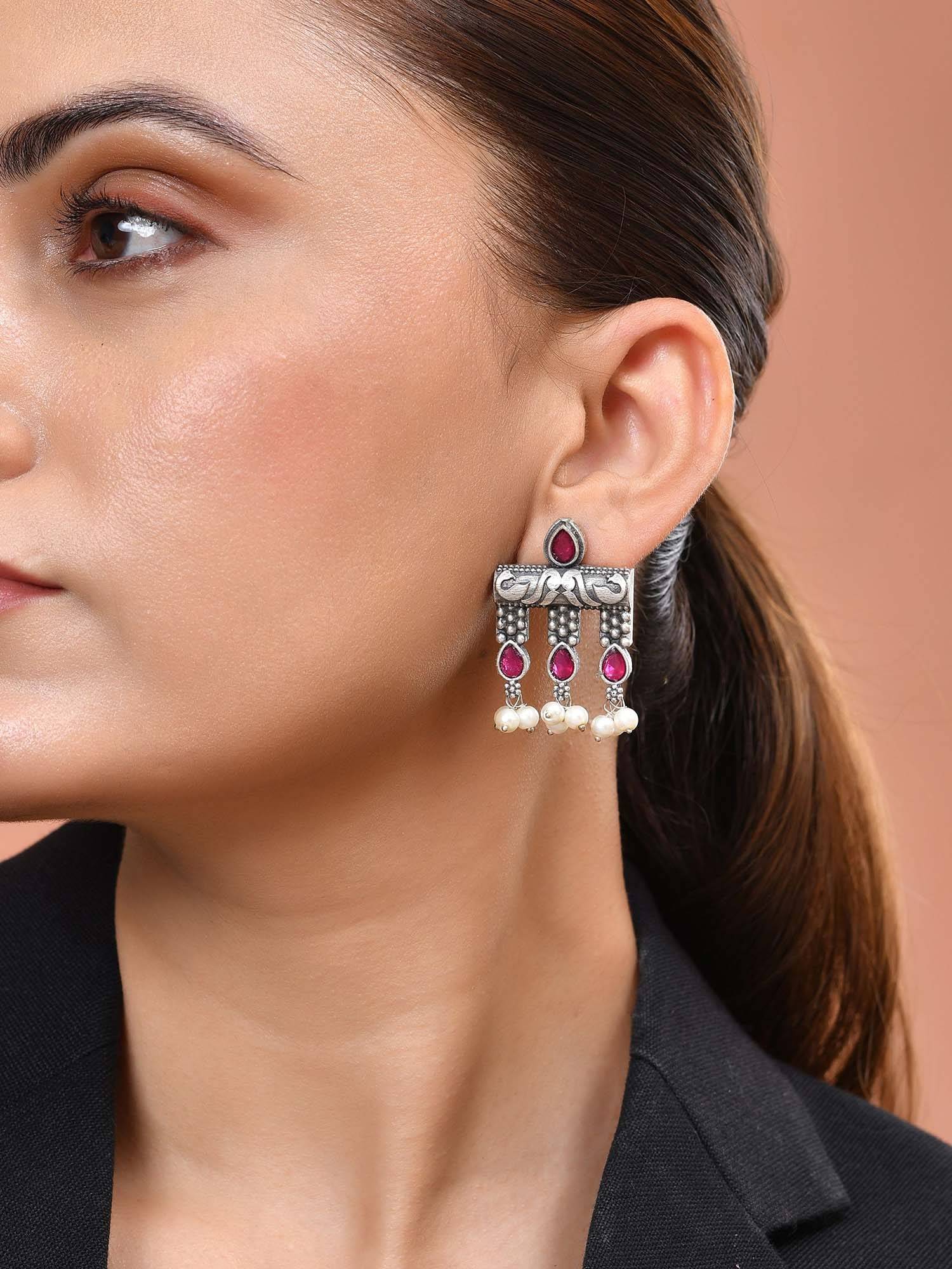 VOJ Purple Silver Plated Designer Oxidized Drop Earrings
