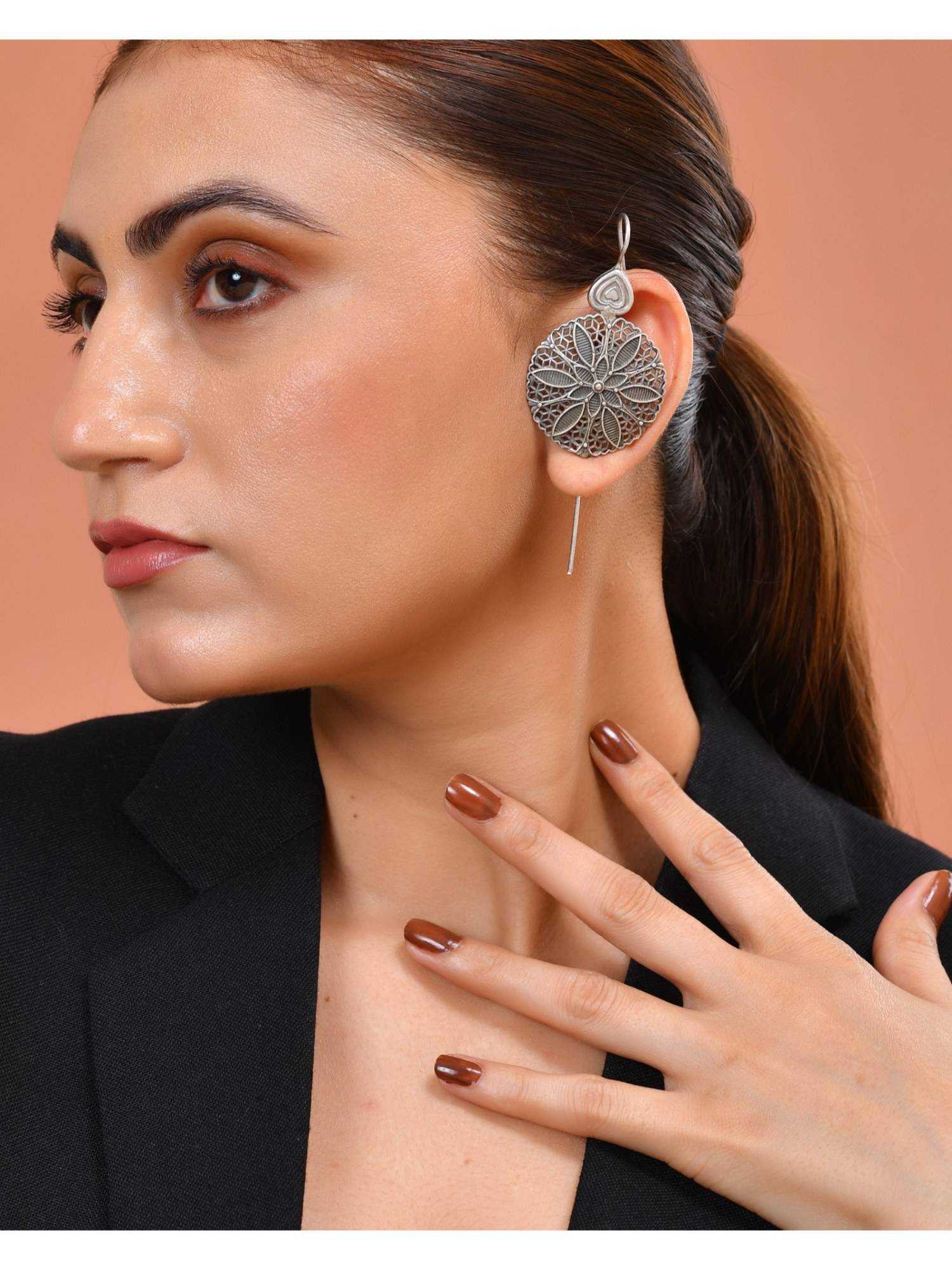 VOJ Silver Toned Floral Design Oxidized Ear Cuffs