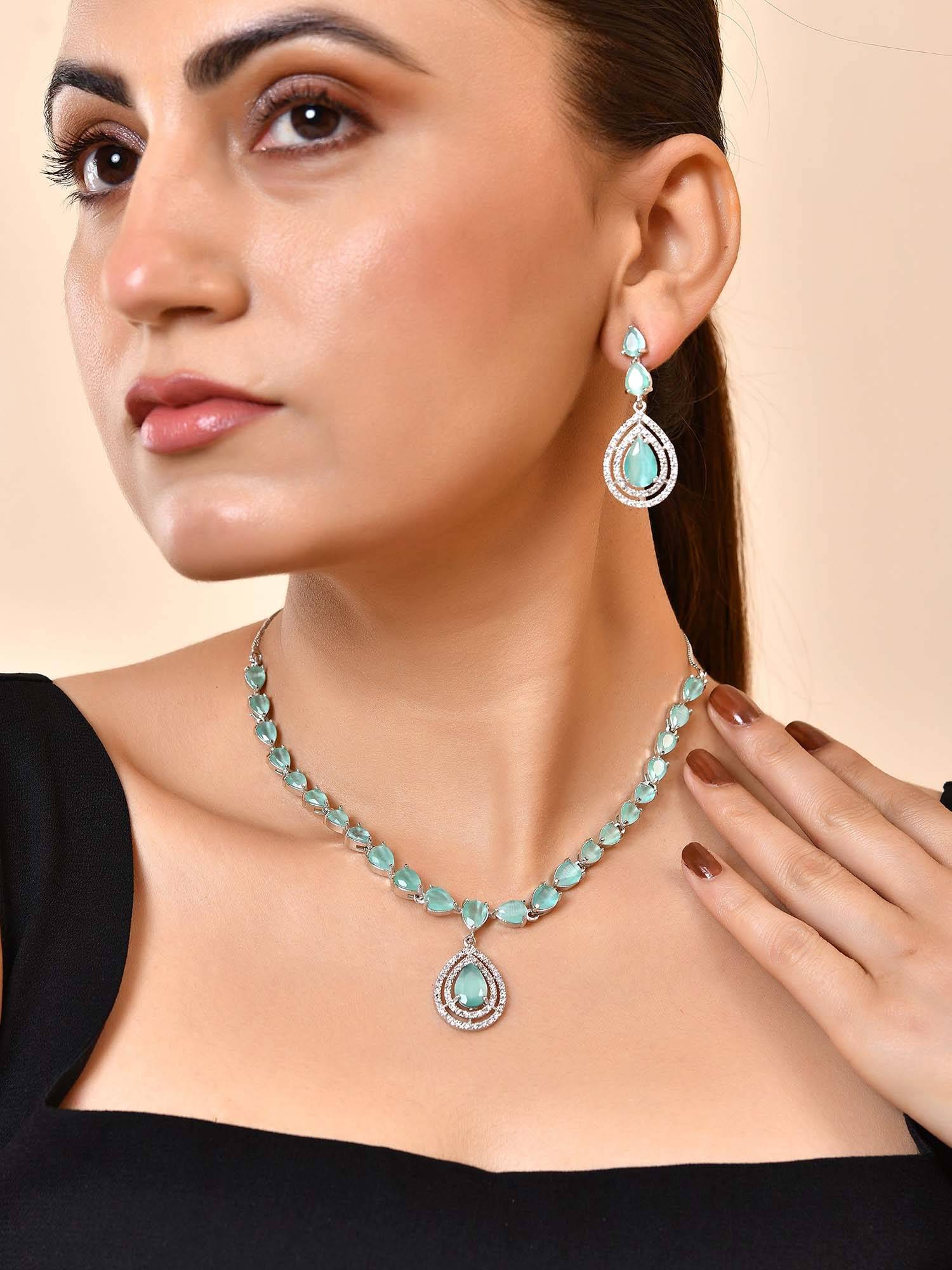 VOJ Silver Toned Teal Green Tear Drop Shaped Stone Ad Necklace Set