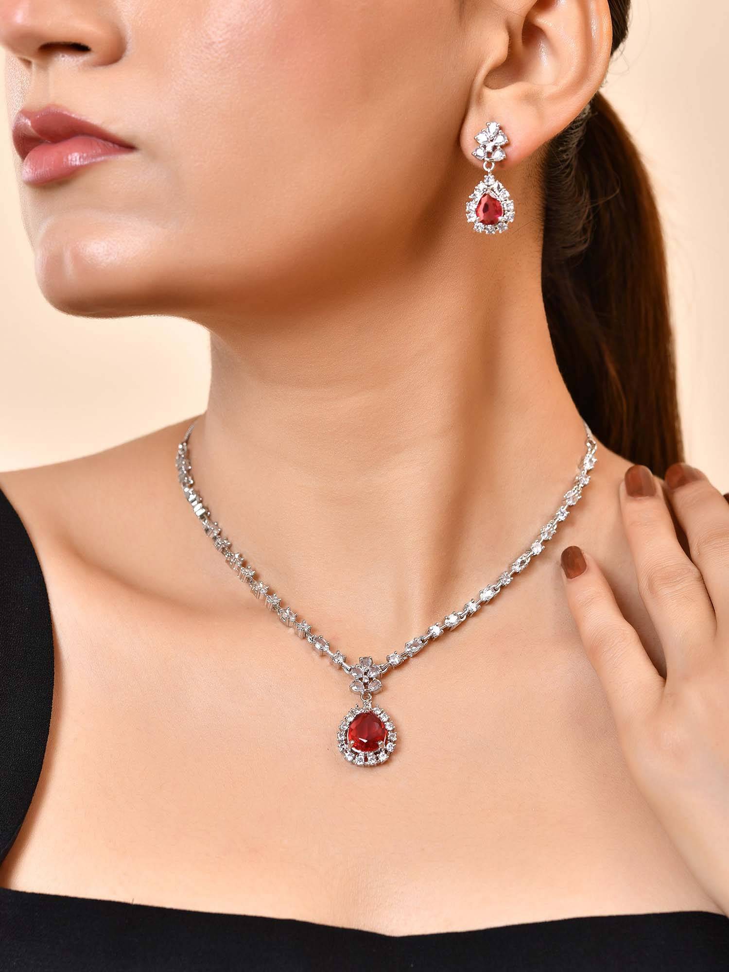 VOJ Silver Plated Red Drop Shaped Stone Ad Necklace Set