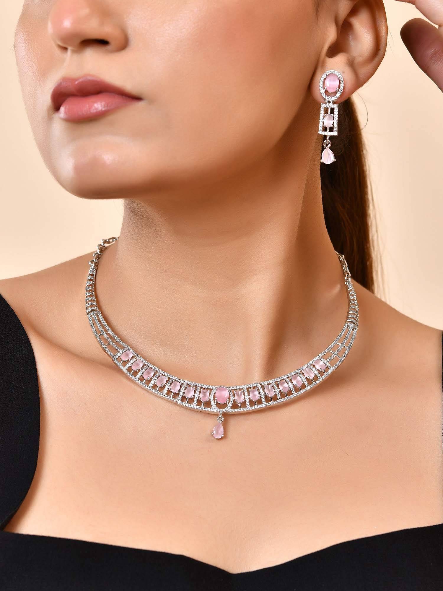 VOJ Silver Toned Baby Pink Cz Stone Studded Designer Necklace Set